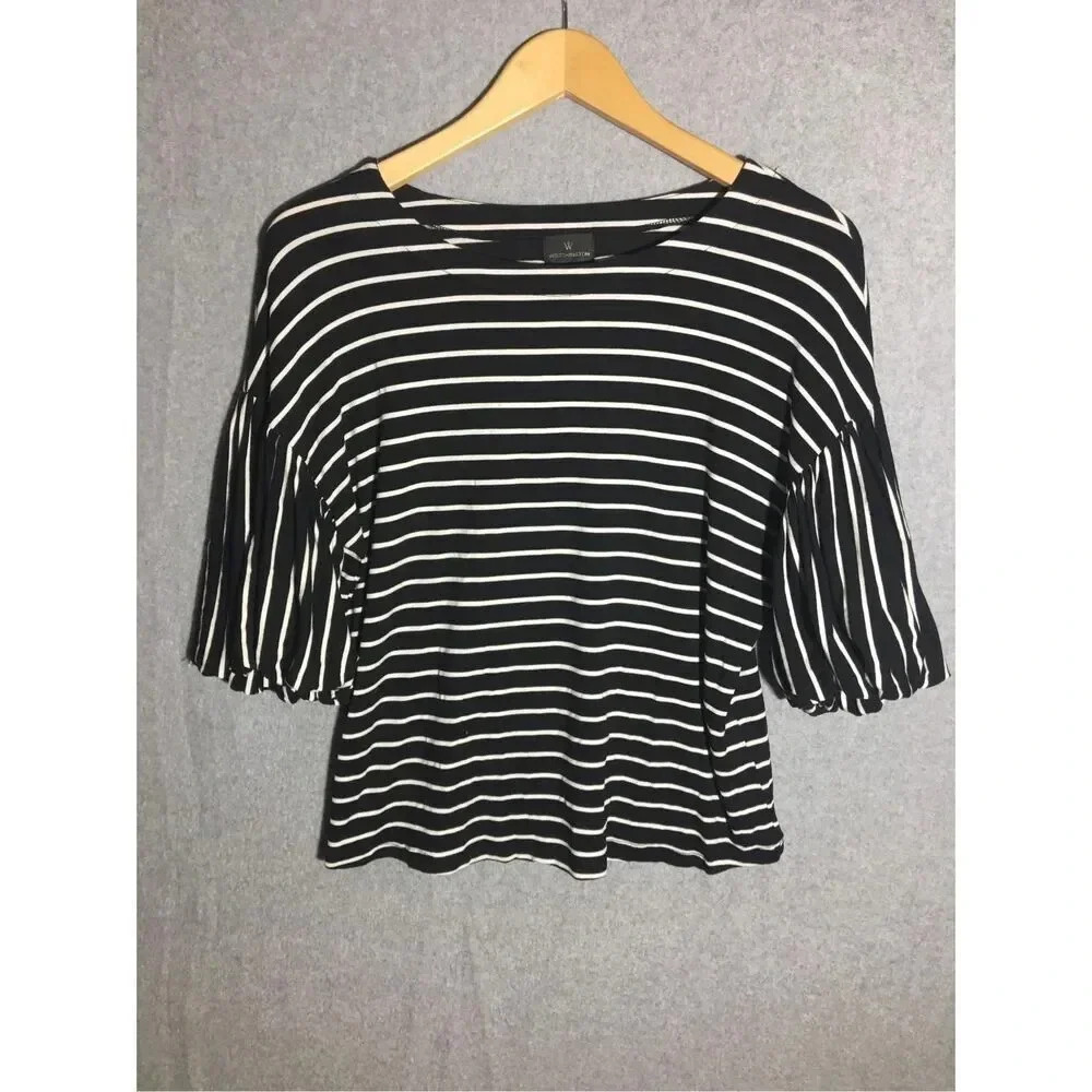 Womens Worthington Blouse Puffy Sleeves Striped Black White Office work Career